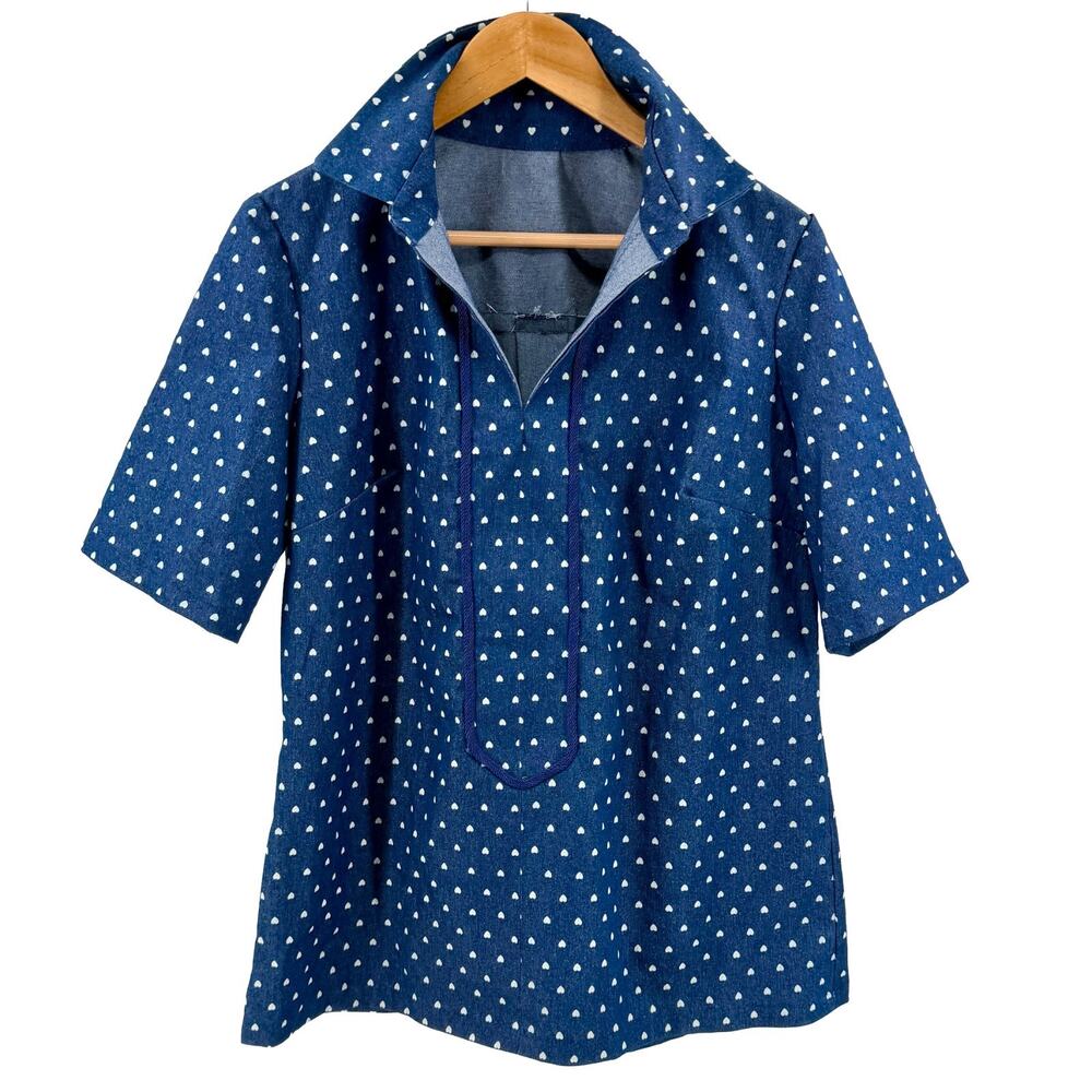 Vintage 80s Handmade Denim Heart Print Tie-Neck Tunic Top